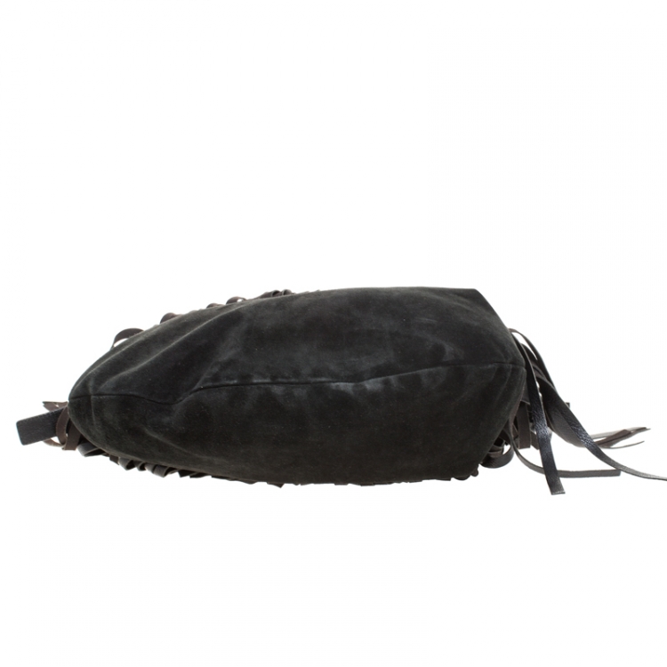 Pre Owned Saint Laurent Paris Black Suede Fringe Mombasa Hobo