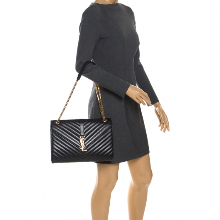 Pre Owned Saint Laurent Black Matelasse Leather Large Cassandre Flap Bag
