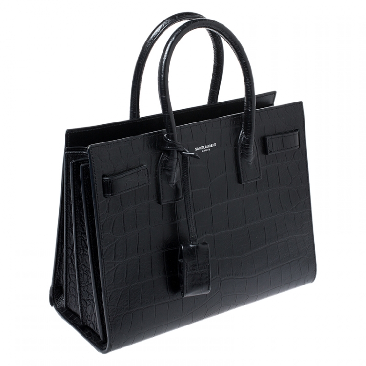 Pre Owned Saint Laurent Black Croc Embossed Leather Baby Classic Sac De Jour Tote