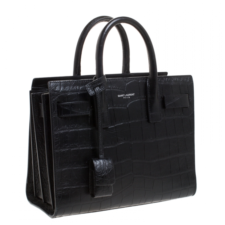 Pre Owned Saint Laurent Black Croc Embossed Leather Nano Classic Sac De Jour Tote