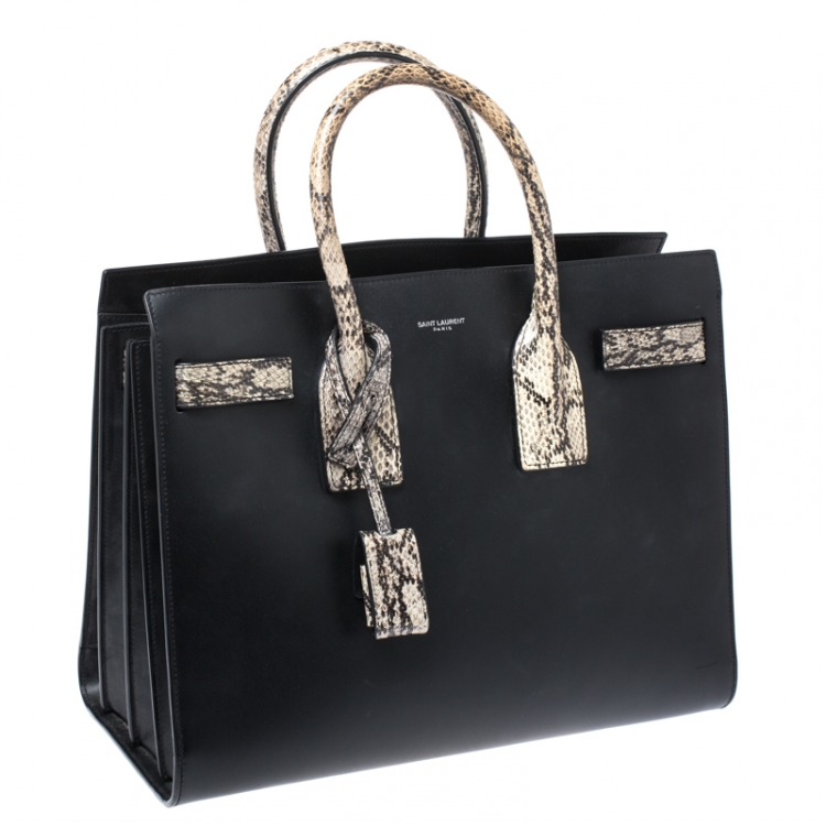 Pre Owned Saint Laurent Black Leather and Python Small Classic Sac De Jour Tote