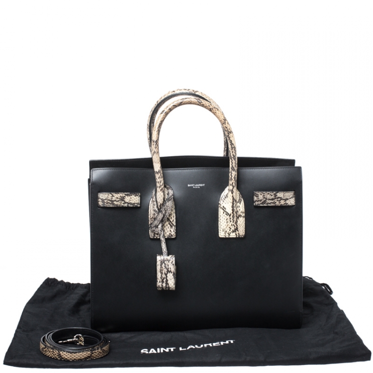 Pre Owned Saint Laurent Black Leather and Python Small Classic Sac De Jour Tote