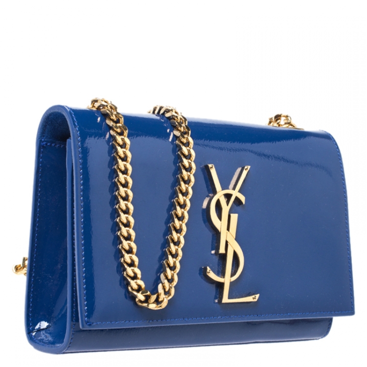 Pre Owned Saint Laurent Blue Patent Leather Small Kate Monogram Shoulder Bag