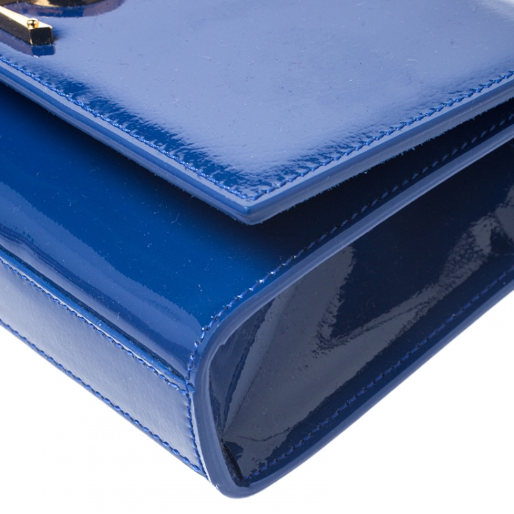 Pre Owned Saint Laurent Blue Patent Leather Small Kate Monogram Shoulder Bag