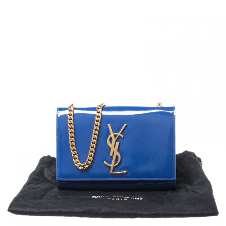 Pre Owned Saint Laurent Blue Patent Leather Small Kate Monogram Shoulder Bag
