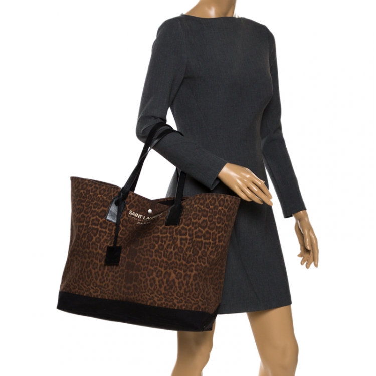 Pre Owned Saint Laurent Paris Brown/Black Leopard Canvas East West Beach Shopper Tote 