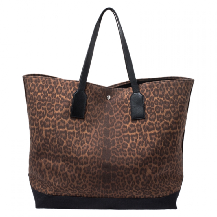 Pre Owned Saint Laurent Paris Brown/Black Leopard Canvas East West Beach Shopper Tote 