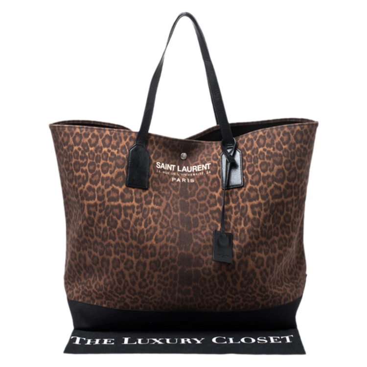 Pre Owned Saint Laurent Paris Brown/Black Leopard Canvas East West Beach Shopper Tote 