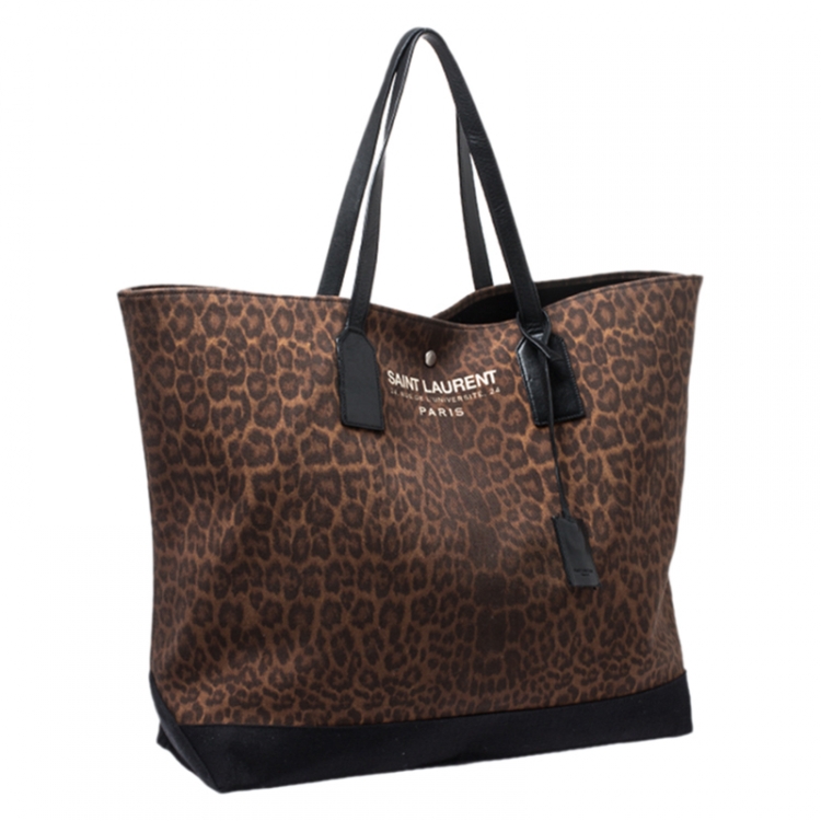 Pre Owned Saint Laurent Paris Brown/Black Leopard Canvas East West Beach Shopper Tote 
