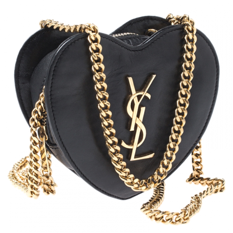 Pre Owned Saint Laurent Paris Black Leather Mini Love Heart Crossbody Bag