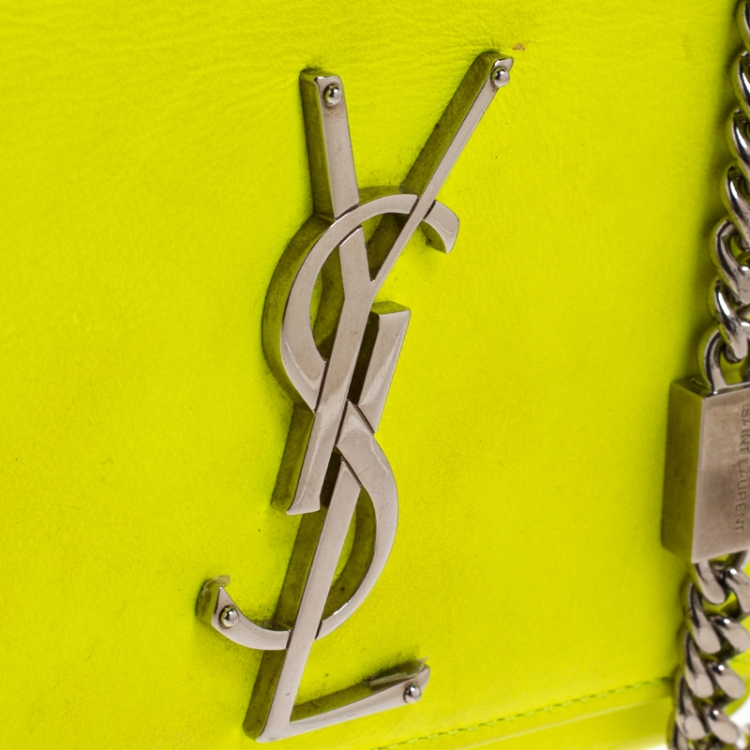 Pre Owned Saint Laurent Neon Green Monogram Leather Kate Crossbody Bag 