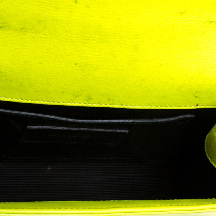 Pre Owned Saint Laurent Neon Green Monogram Leather Kate Crossbody Bag 