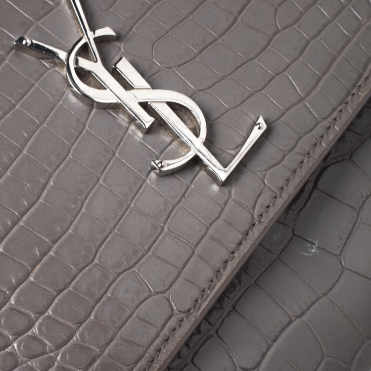 Pre Owned Saint Laurent Grey Croc Embossed Leather Medium Sunset Shoulder Bag