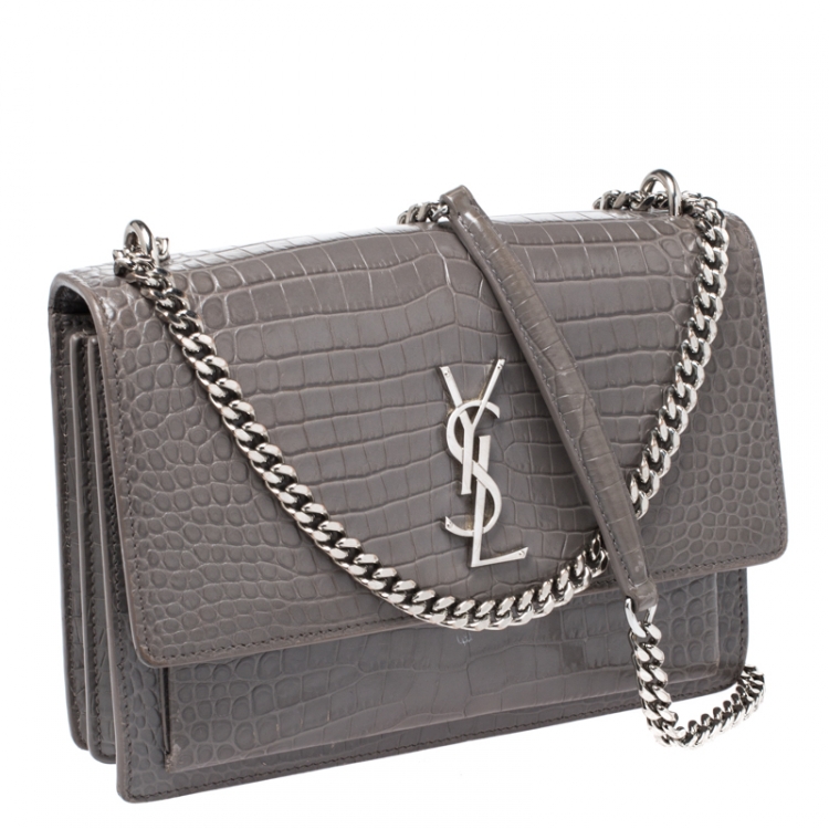 Pre Owned Saint Laurent Grey Croc Embossed Leather Medium Sunset Shoulder Bag