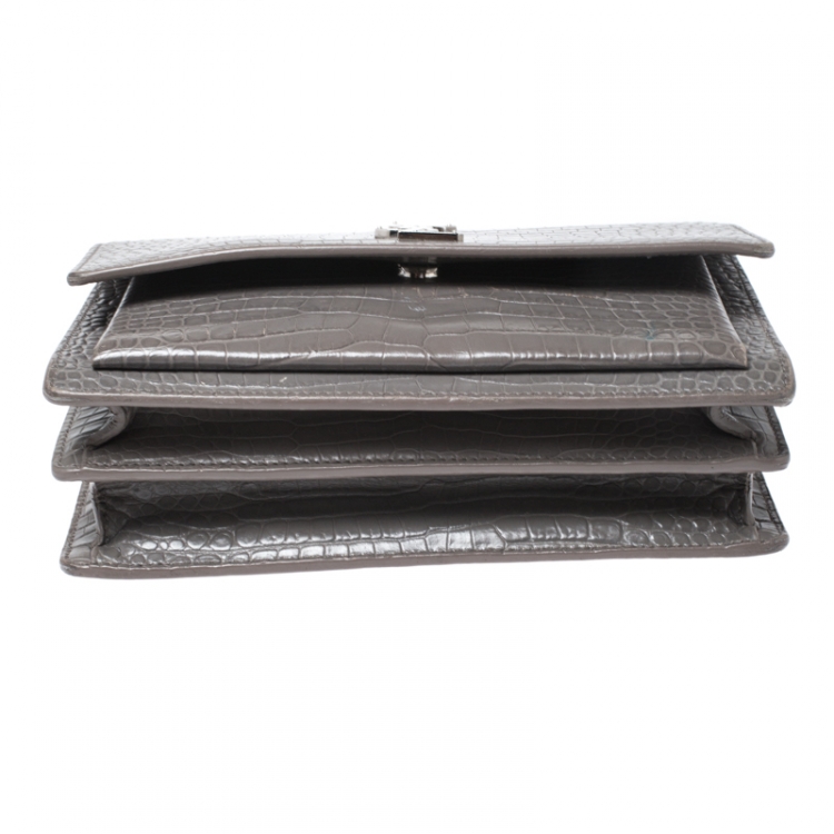 Pre Owned Saint Laurent Grey Croc Embossed Leather Medium Sunset Shoulder Bag