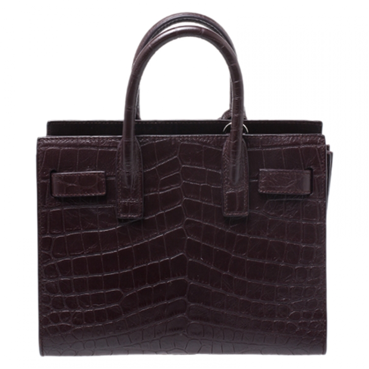 Pre Owned Saint Laurent Burgundy Croc Embossed Leather Nano Classic Sac De Jour Tote
