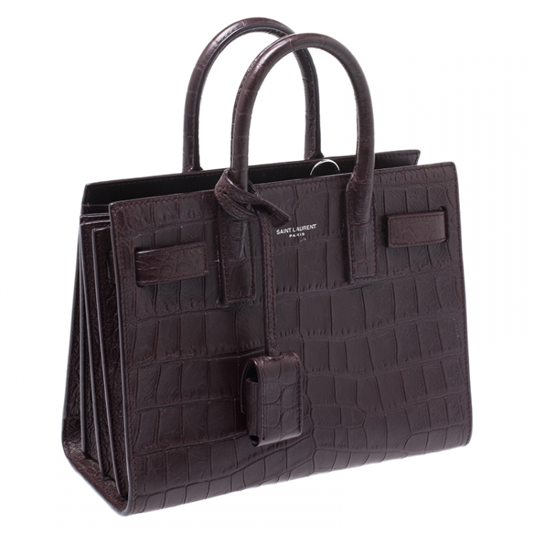 Pre Owned Saint Laurent Burgundy Croc Embossed Leather Nano Classic Sac De Jour Tote