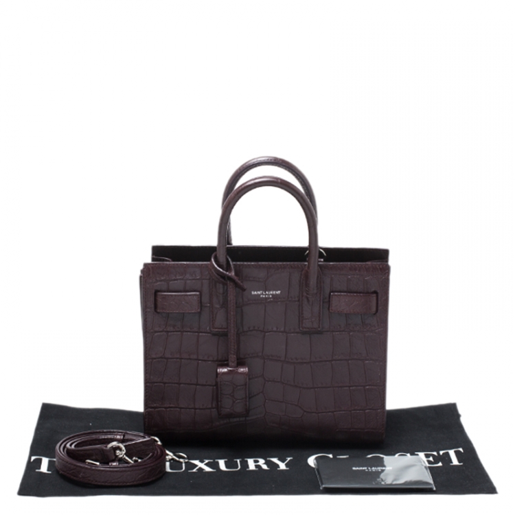Pre Owned Saint Laurent Burgundy Croc Embossed Leather Nano Classic Sac De Jour Tote