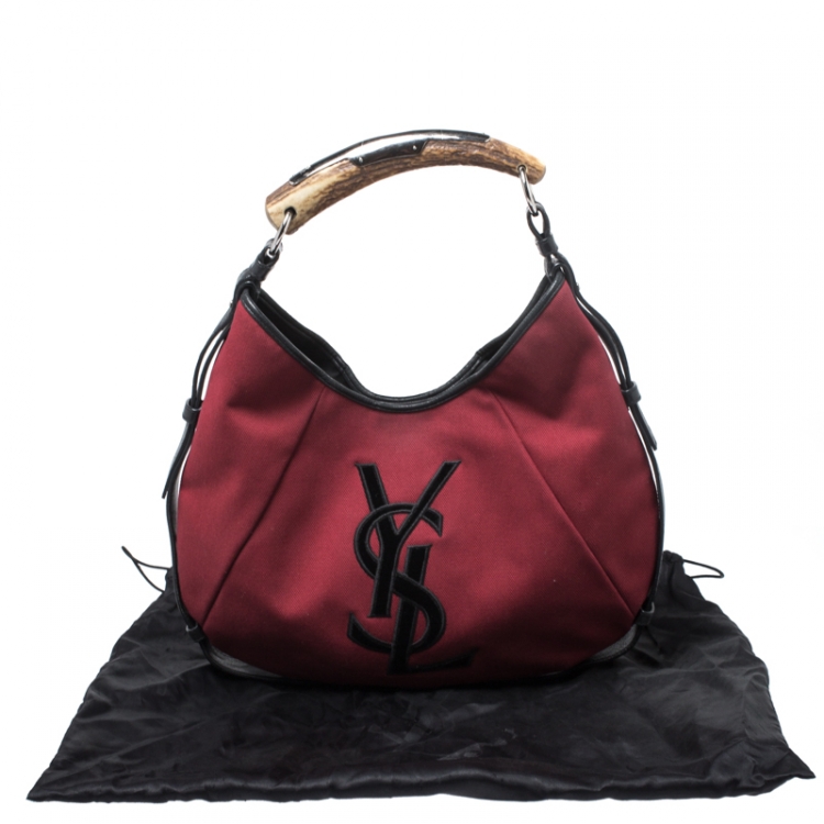 Pre Owned Saint Laurent Red/Black Canvas and Leather Mombasa Horn Hobo 