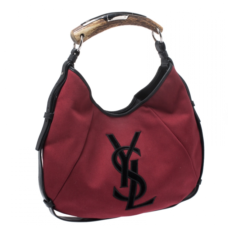 Pre Owned Saint Laurent Red/Black Canvas and Leather Mombasa Horn Hobo 