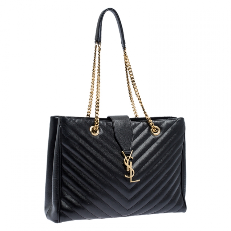 Pre Owned Saint Laurent Black Matelasse Leather Cassandre Shopper Tote