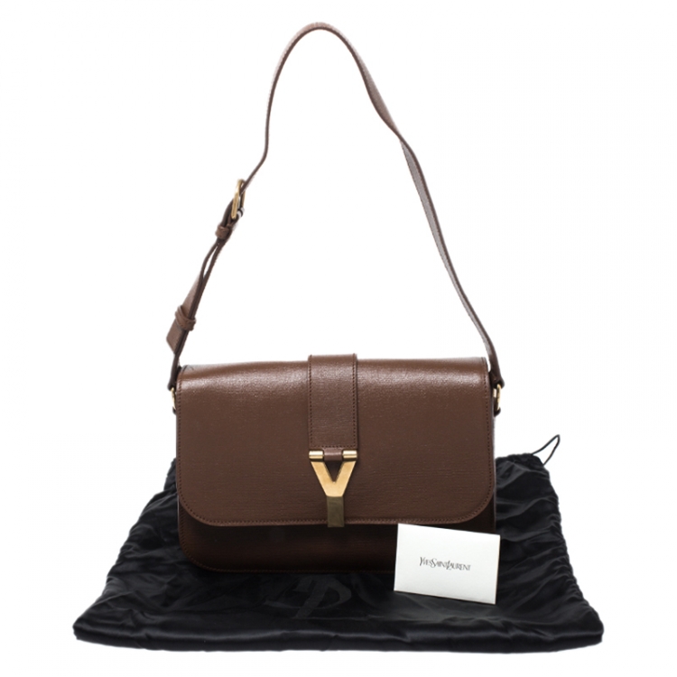Pre Owned Saint Laurent Dark Brown Leather Large Chyc Flap Shoulder Bag
