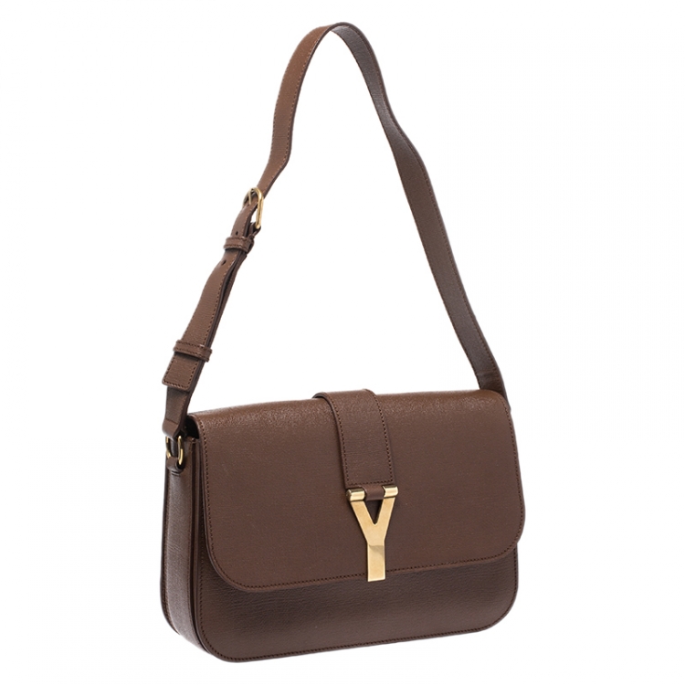 Pre Owned Saint Laurent Dark Brown Leather Large Chyc Flap Shoulder Bag