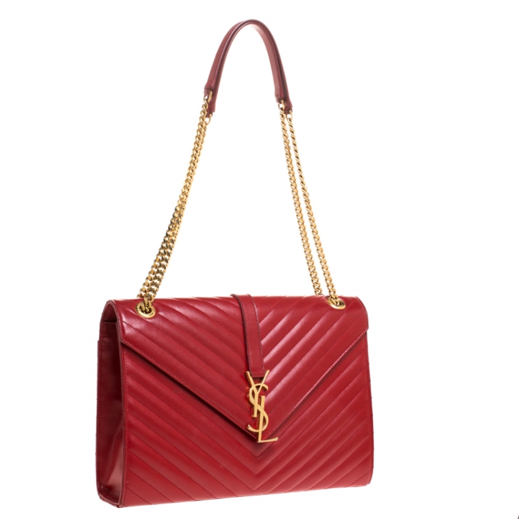 Pre Owned Saint Laurent Red Leather Monogram Envelope Shoulder Bag
