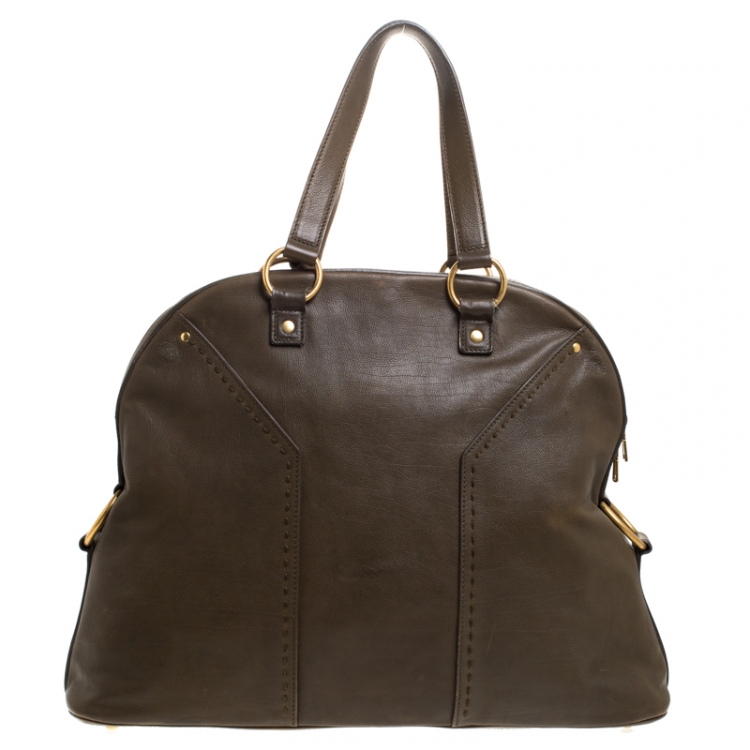 Pre Owned Saint Laurent Olive Green Leather Oversized Muse Bag