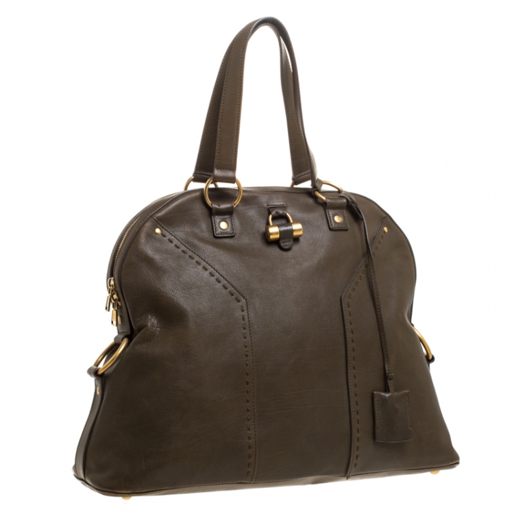 Pre Owned Saint Laurent Olive Green Leather Oversized Muse Bag