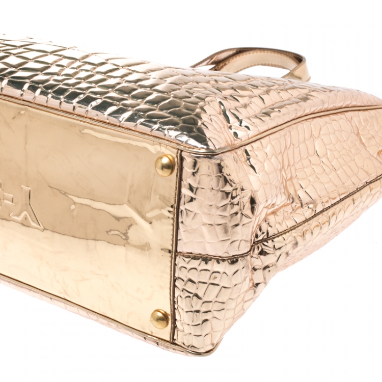 Pre Owned Saint Laurent Metallic Gold Embossed Croc Patent Leather Raspail Tote