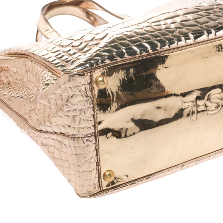 Pre Owned Saint Laurent Metallic Gold Embossed Croc Patent Leather Raspail Tote