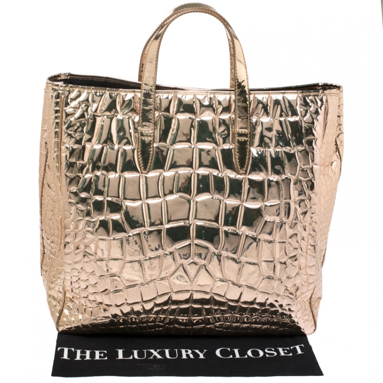 Pre Owned Saint Laurent Metallic Gold Embossed Croc Patent Leather Raspail Tote