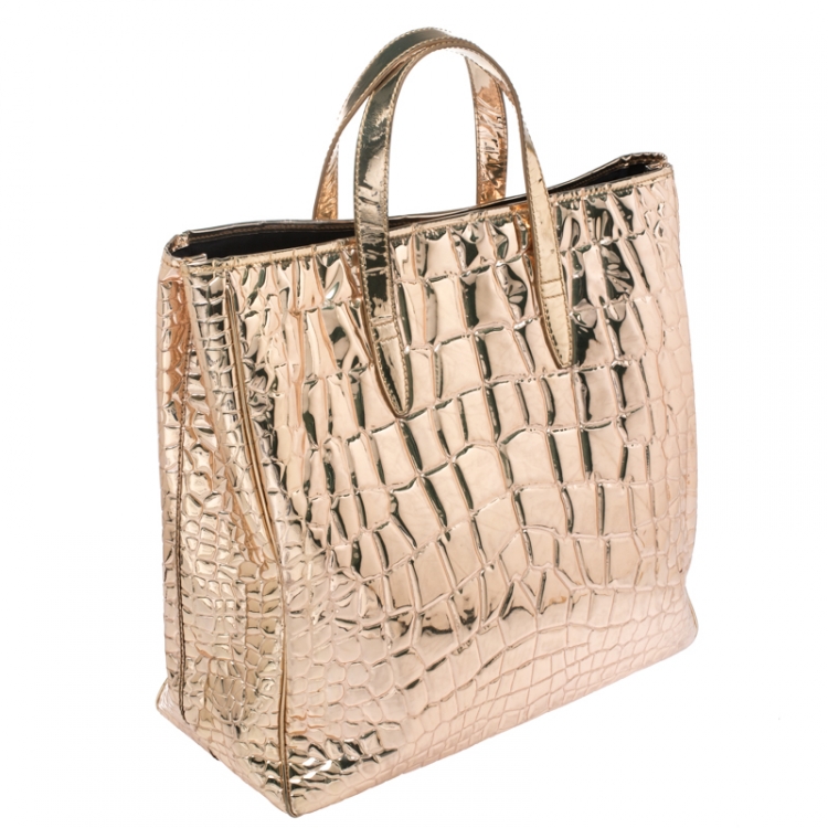 Pre Owned Saint Laurent Metallic Gold Embossed Croc Patent Leather Raspail Tote