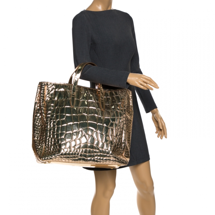 Pre Owned Saint Laurent Metallic Gold Embossed Croc Patent Leather Raspail Tote