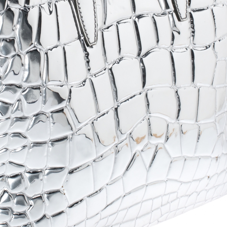 Pre Owned Saint Laurent Silver Croc Embossed Patent Leather Raspail Tote