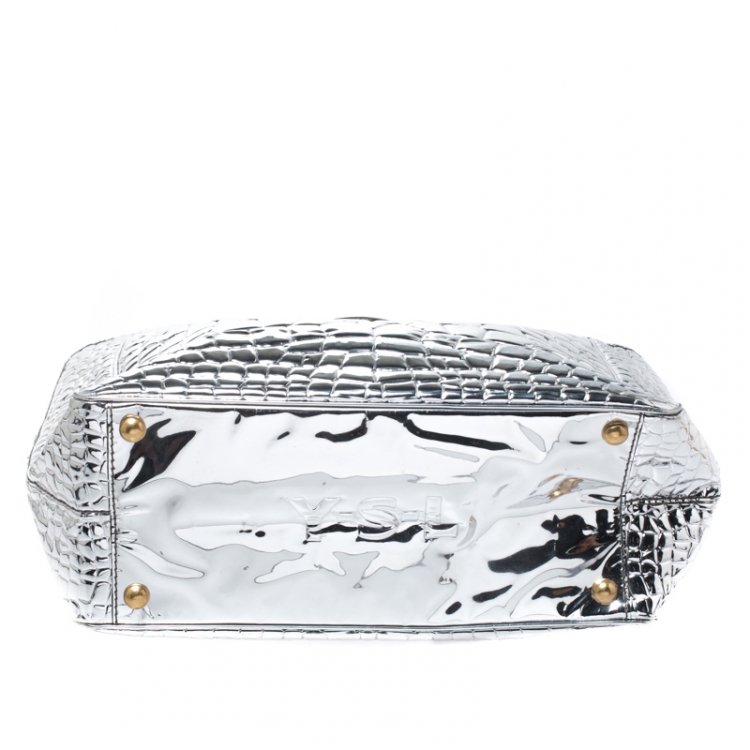 Pre Owned Saint Laurent Silver Croc Embossed Patent Leather Raspail Tote