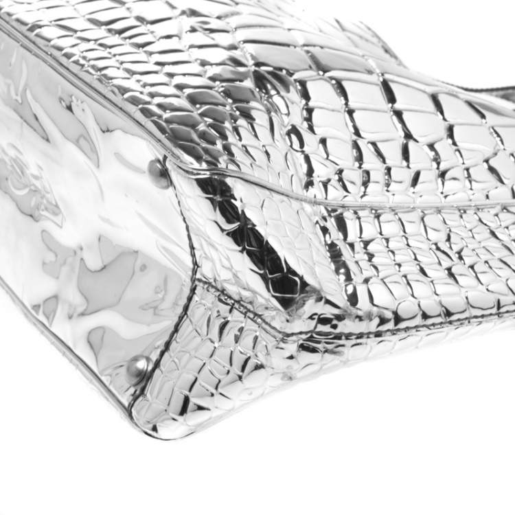 Pre Owned Saint Laurent Silver Croc Embossed Patent Leather Raspail Tote