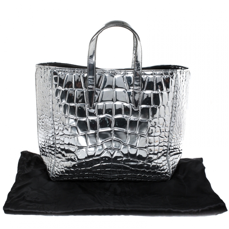 Pre Owned Saint Laurent Silver Croc Embossed Patent Leather Raspail Tote
