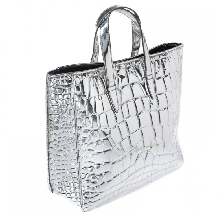 Pre Owned Saint Laurent Silver Croc Embossed Patent Leather Raspail Tote
