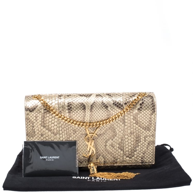 Pre Owned Saint Laurent Metallic Gold Python Medium Kate Tassel Shoulder Bag