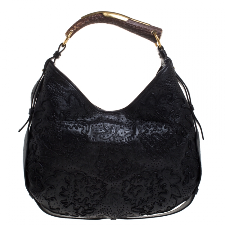 Pre Owned Saint Laurent Paris Black Embroidered Leather Leather Mombasa Hobo 