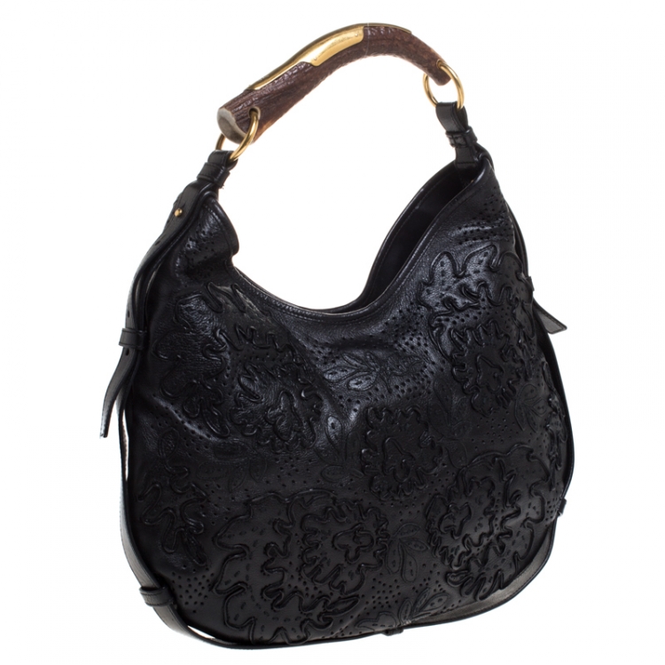Pre Owned Saint Laurent Paris Black Embroidered Leather Leather Mombasa Hobo 