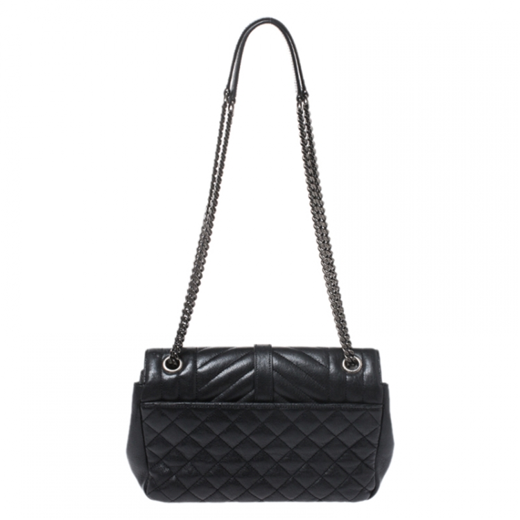 Pre Owned Saint Laurent Black Mix Matelasse Leather Medium Envelope Shoulder Bag