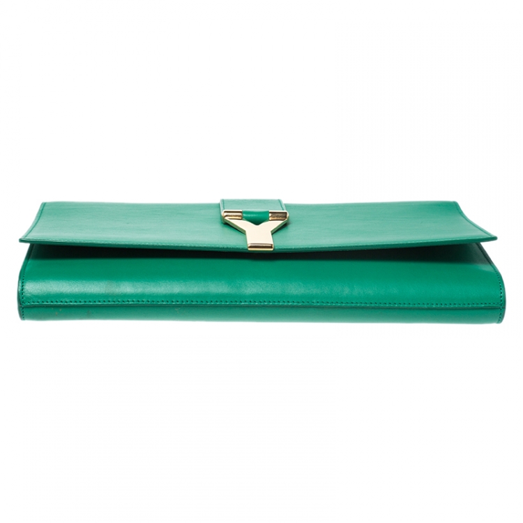 Pre Owned Saint Laurent Green Leather Ligne Y Clutch  