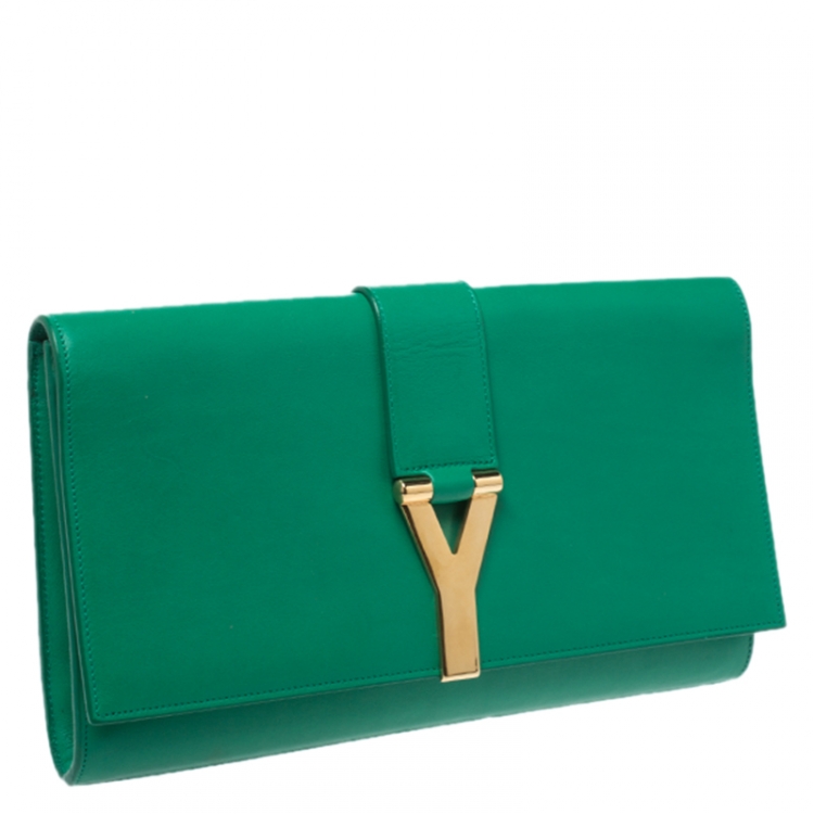 Pre Owned Saint Laurent Green Leather Ligne Y Clutch  