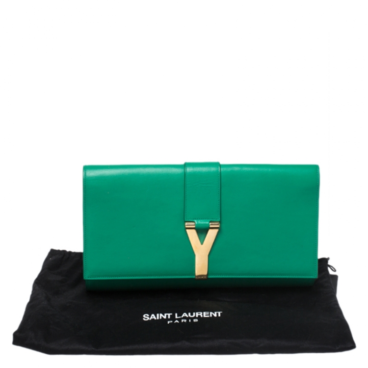 Pre Owned Saint Laurent Green Leather Ligne Y Clutch  