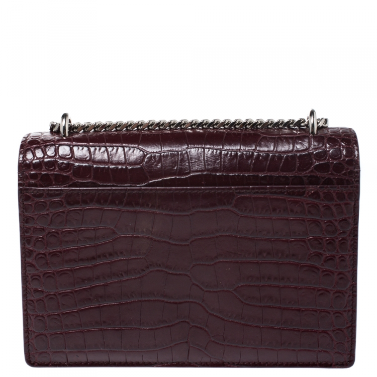 Pre Owned  Saint Laurent Burgundy Croc Embossed Leather Sunset Shoulder Bag