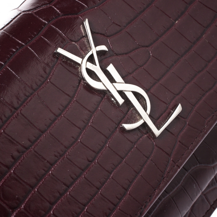 Pre Owned  Saint Laurent Burgundy Croc Embossed Leather Sunset Shoulder Bag