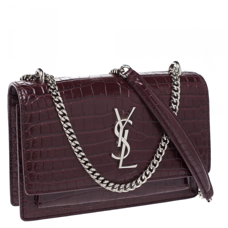 Pre Owned  Saint Laurent Burgundy Croc Embossed Leather Sunset Shoulder Bag